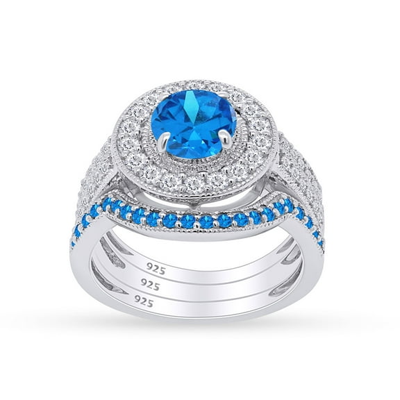 AFFY Simulated Blue Topaz & White CZ Halo Engagement Bridal Ring Set In 14k White Gold Over Sterling Silver Ring Size-4