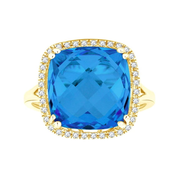 AFFY Simulated Blue Topaz & White Natural Diamond Cocktail Ring In 14k Solid Yellow Gold (9.49 cttw) Ring Size-4.5