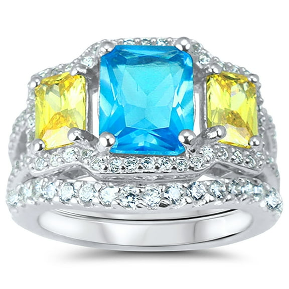 Simulated Blue Topaz Yellow Diamond Engagement Ring Wedding Band Bridal Set Size 5