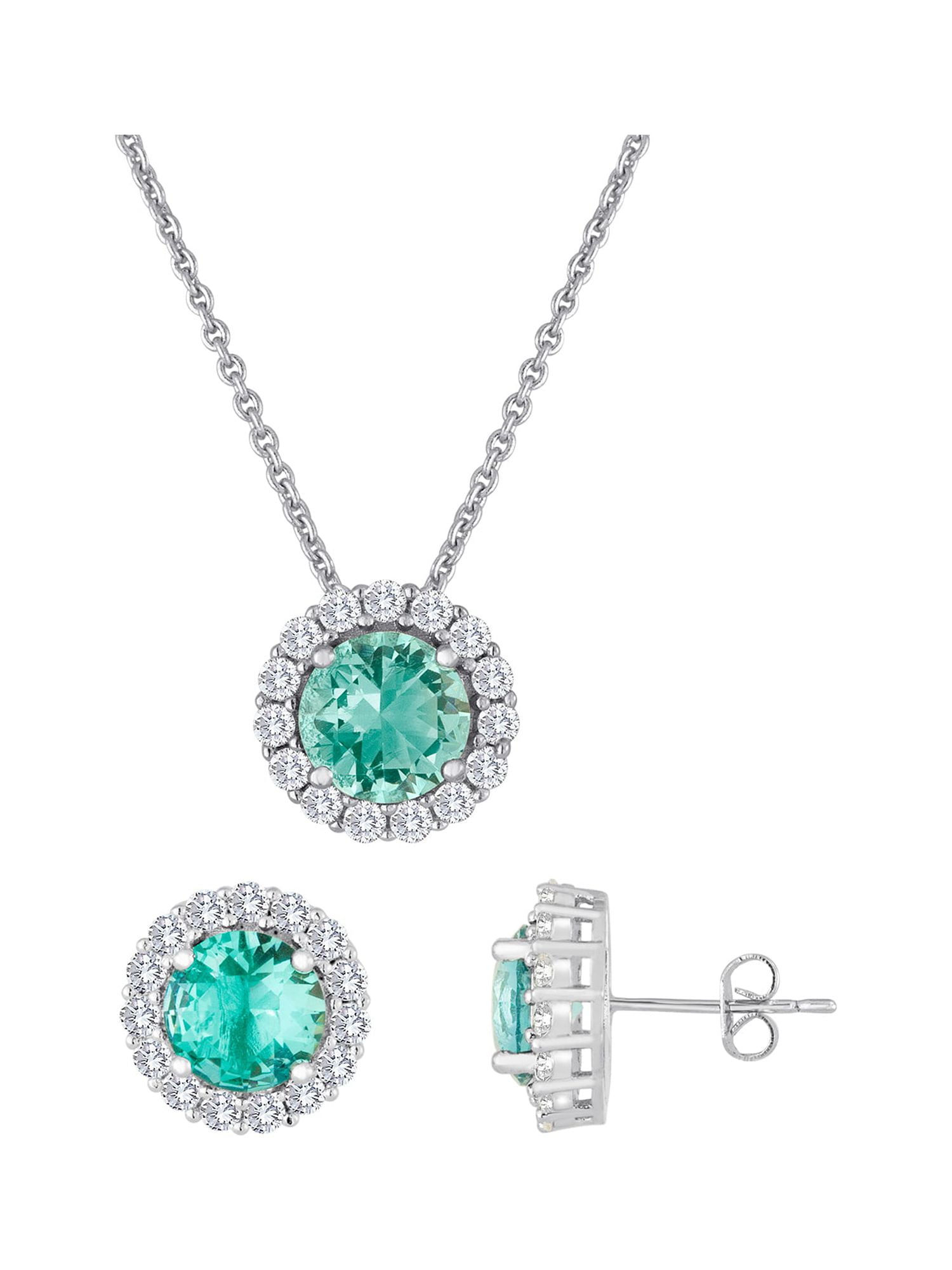 Simulated Blue Topaz and CZ Fine Silver-Plated Boxed Set with Earring and Pendant, 18"