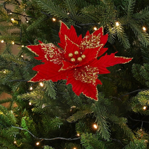 Simulated Christmas Flower Decoration, Cloth Material Holiday Ornament, Realistic Wedding Party Decor, Durable Seasonal Home and Tree Accent Red