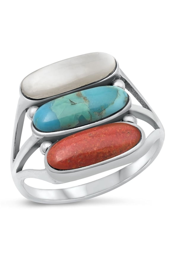 Simulated Coral White Buffalo Simulated Turquoise Moonstone Ring 925 Sterling Silver Band Red CZ Female Size 5
