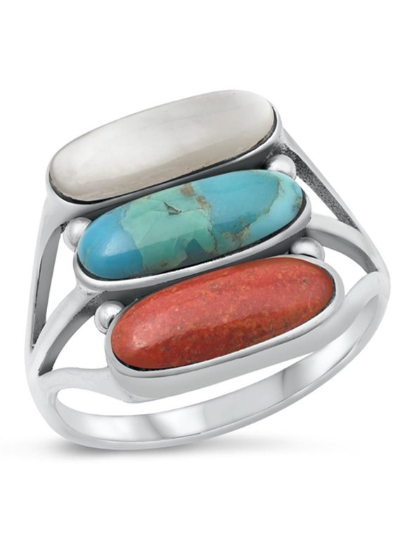 Simulated Coral White Buffalo Simulated Turquoise Moonstone Ring 925 Sterling Silver Band Red CZ Female Size 7