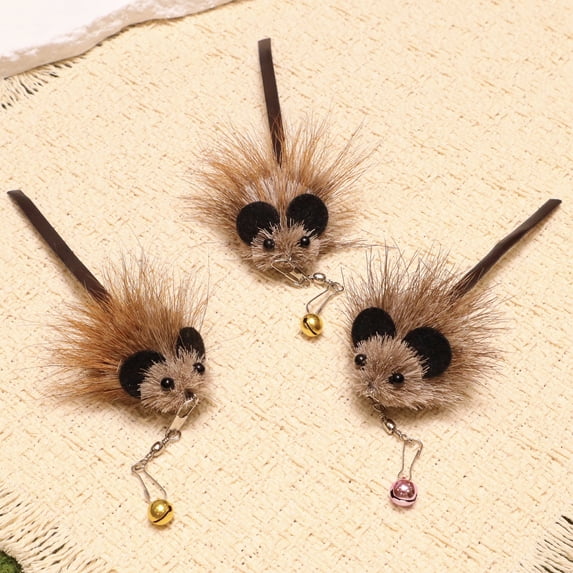 Simulated Cowhide Tail Mouse Toying Stick with Replacement Head Interactive Cat Teaser for Hunting Instincts and Solo Play