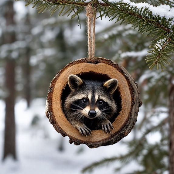 Simulated Cracked Snowy Tree Trunk Christmas Ornament,Resin Raccoon Tree Hole Hanging Pendant,Frosted Hollow Log Decor,Woodland Wildlife Holiday Tree Hanging Decoration