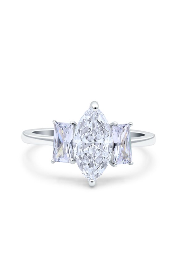 Simulated Cubic Zirconia Size-10 Marquise Art Deco Emerald Cut Wedding Bridal Ring 925 Sterling Silver