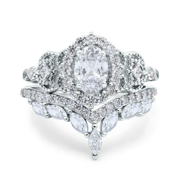 Simulated Cubic Zirconia Size-10 Marquise Art Deco Wedding Engagement Bridal Two Piece Ring Band Oval Accent Vintage 925 Sterling Silver