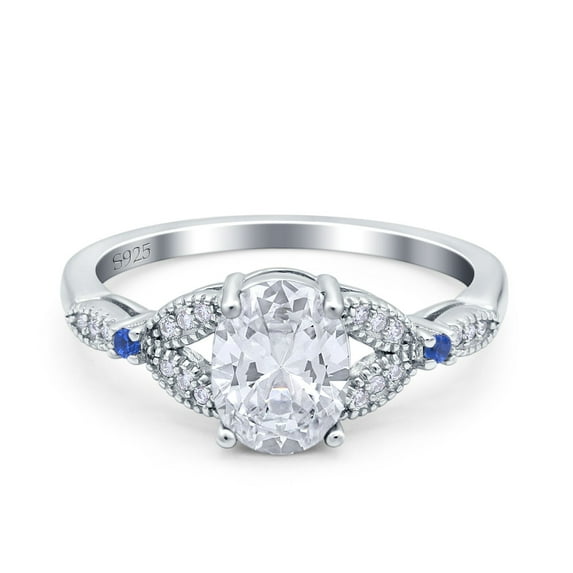Simulated Cubic Zirconia Size-10 Oval Blue Sapphire Art Deco Wedding Engagement Bridal Ring Accent Vintage Round 925 Sterling Silver