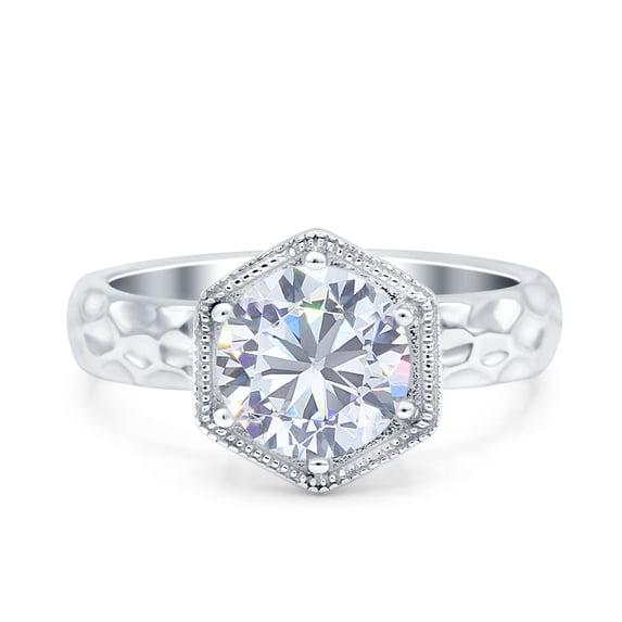Simulated Cubic Zirconia Size-5 Art Deco Engagement Bridal Ring Hammered Finish Hexagon Round 925 Sterling Silver