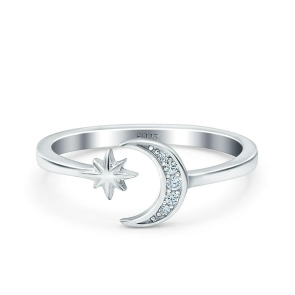 Simulated Cubic Zirconia Size-5 Moon & Star Wedding Band Ring 925 Sterling Silver