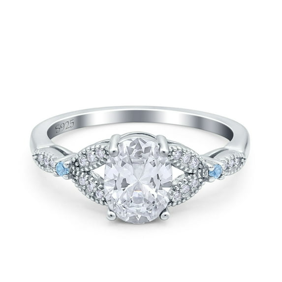 Simulated Cubic Zirconia Size-5 Oval Blue Aquamarine Art Deco Wedding Engagement Bridal Ring Accent Vintage 925 Sterling Silver