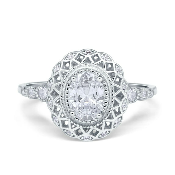 Simulated Cubic Zirconia Size-5 Oval Vintage Art Deco Halo Wedding Engagement Bridal Ring 925 Sterling Silver