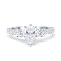 Simulated Cubic Zirconia Size-5 Teardrop Pear Art Deco Three Stone Accent Engagement Ring 925 Sterling Silver