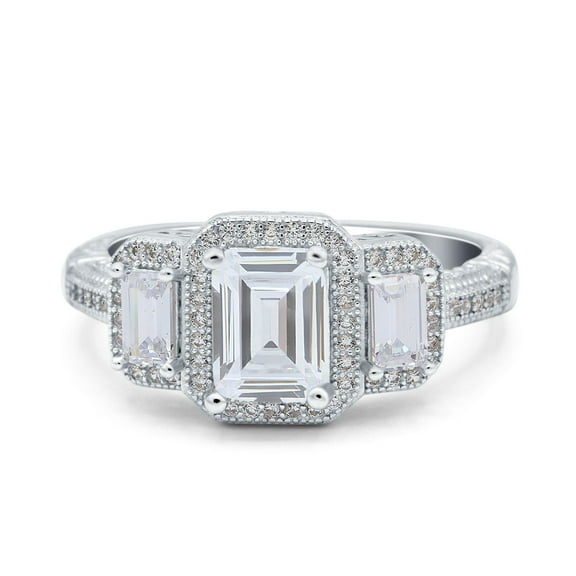 Simulated Cubic Zirconia Size-5 Three Stone Emerald Cut Halo Art Deco Engagement Ring 925 Sterling Silver