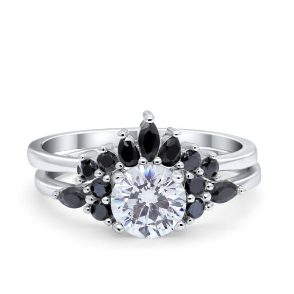 Simulated Cubic Zirconia Size-5 Two Piece Bridal Set Art Deco Wedding Engagement Vintage Black Marquise CZ 925 Sterling Silver