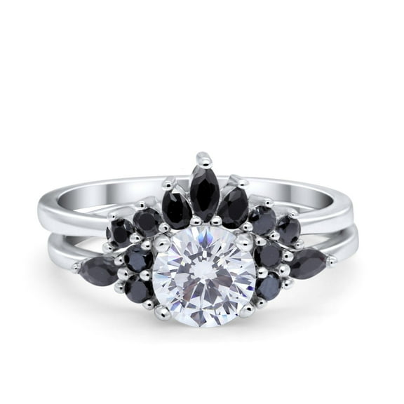 Simulated Cubic Zirconia Size-5 Two Piece Bridal Set Art Deco Wedding Engagement Vintage Black Marquise CZ 925 Sterling Silver