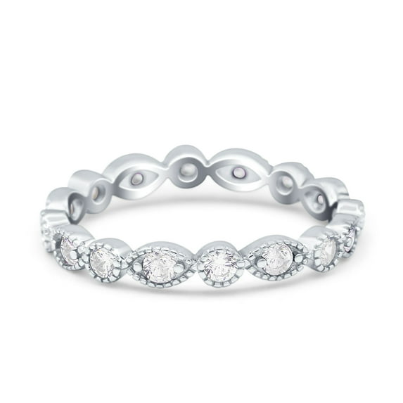 Simulated Cubic Zirconia Size-6 Curved Marquise Art Dec Full Eternity Stackable Band 925 Sterling Silver