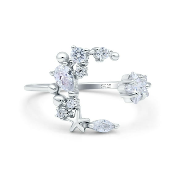 Simulated Cubic Zirconia Size-6 Moon & Star Ring Wedding Engagement Band 925 Sterling Silver