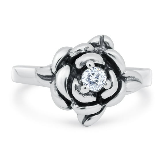 Simulated Cubic Zirconia Size-6 Rose Flower Ring Round Shape 925 Sterling Silver