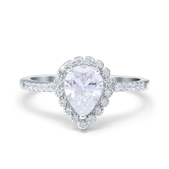 Simulated Cubic Zirconia Size-6 Teardrop Pear Art Deco Halo Engagement Ring 925 Sterling Silver