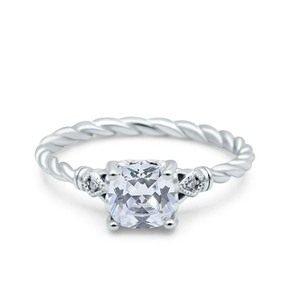 Simulated Cubic Zirconia Size-7 Art Deco Cushion Three Stone Wedding Bridal Ring 925 Sterling Silver