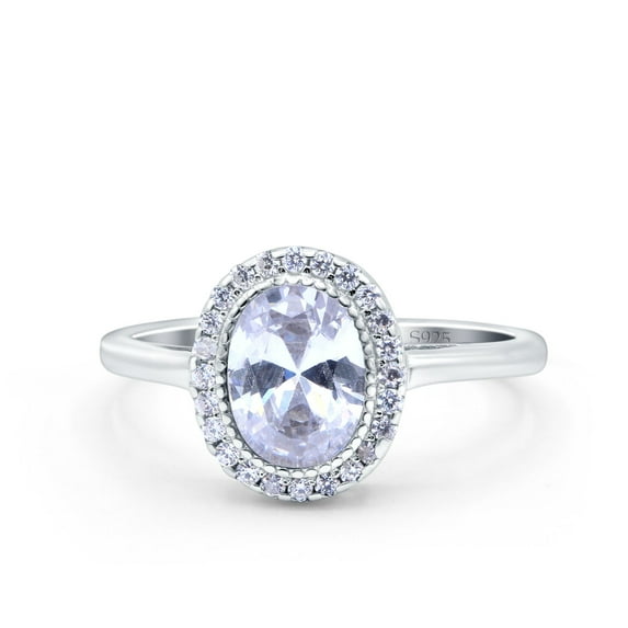Simulated Cubic Zirconia Size-7 Halo Art Deco Oval Wedding Engagement Bridal Ring 925 Sterling Silver