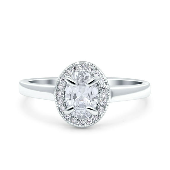 Simulated Cubic Zirconia Size-7 Halo Oval Art Deco Wedding Engagement Bridal Ring 925 Sterling Silver