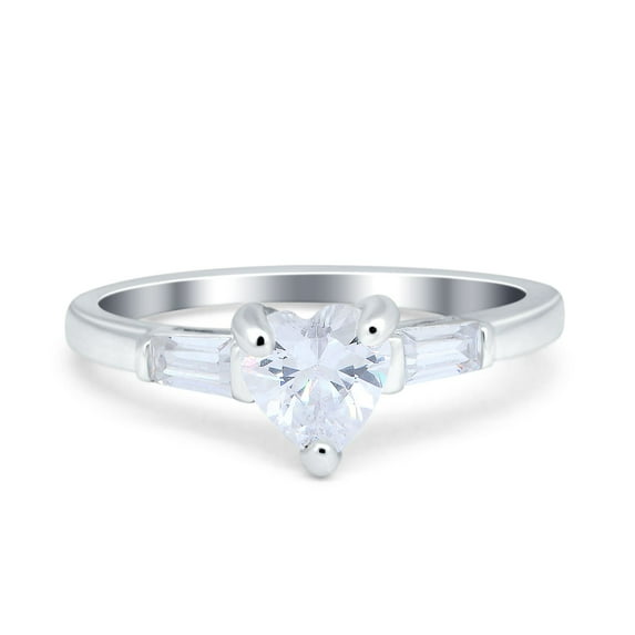 Simulated Cubic Zirconia Size-7 Heart Promise Ring Baguette 925 Sterling Silver