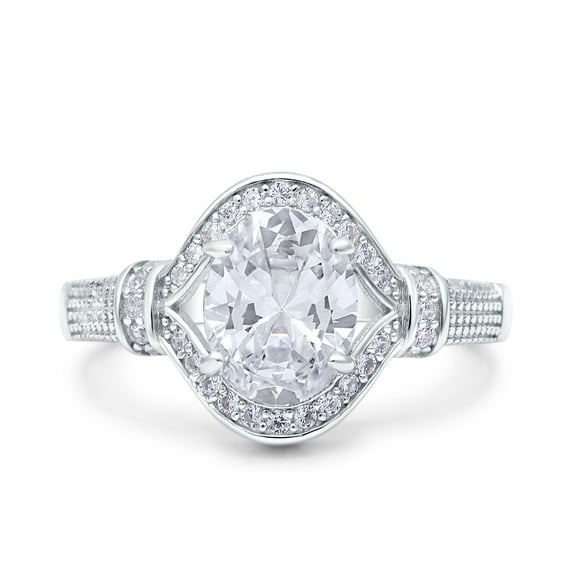 Simulated Cubic Zirconia Size-7 Oval Art Deco Wedding Engagement Bridal Ring Accent Vintage Round 925 Sterling Silver