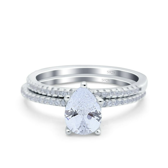 Simulated Cubic Zirconia Size-7 Two Piece Art Deco Pear Wedding Engagement Bridal Set Ring Band 925 Sterling Silver