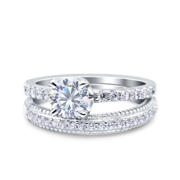 Simulated Cubic Zirconia Size-8 Art Deco Two Piece Wedding Bridal Ring Band 925 Sterling Silver
