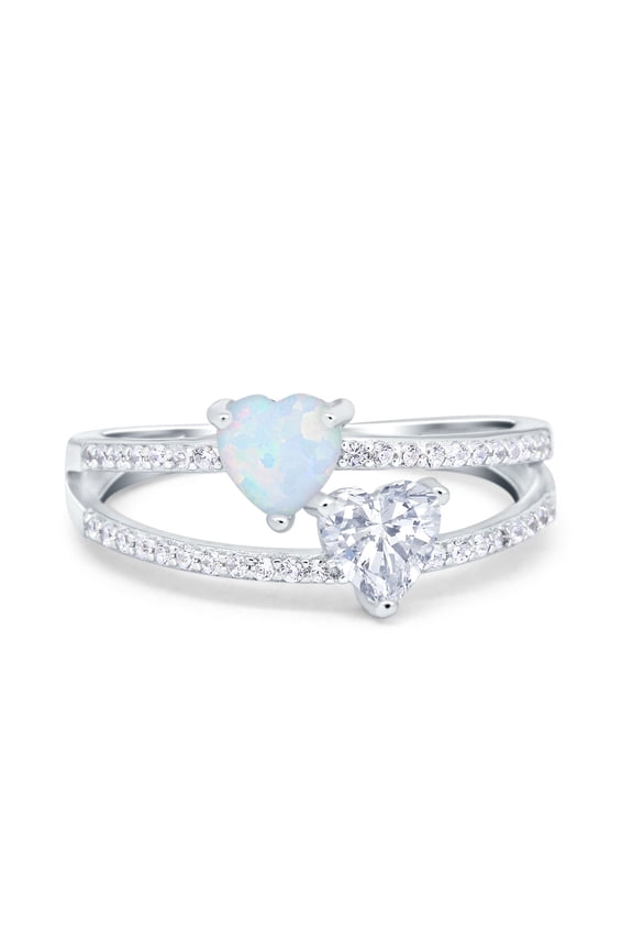 Simulated Cubic Zirconia Size-8 Heart Promise Ring Double Heart Created White Opal 925 Sterling Silver