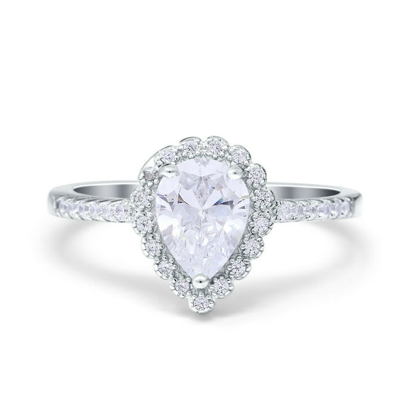 Simulated Cubic Zirconia Size-8 Teardrop Pear Art Deco Halo Engagement Ring 925 Sterling Silver
