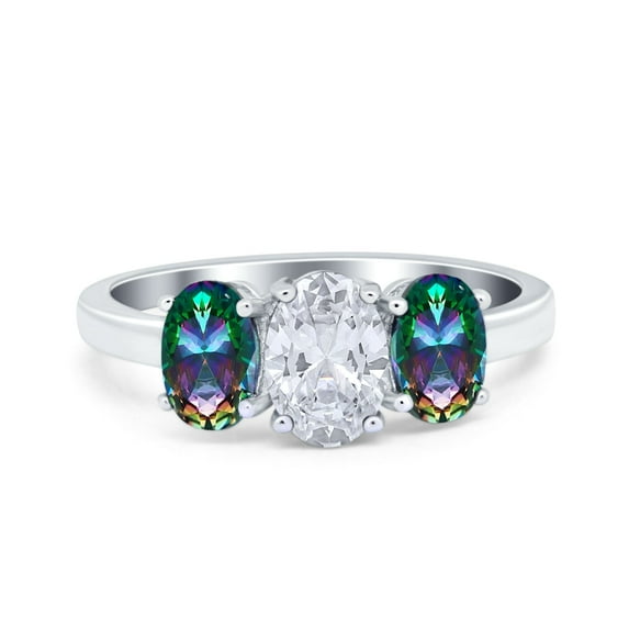 Simulated Cubic Zirconia Size-8 Three Stone Engagement Ring Oval Cut Rainbow 925 Sterling Silver
