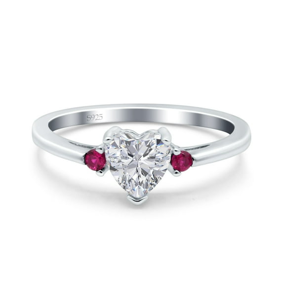 Simulated Cubic Zirconia Size-9 Art Deco Heart Three Stone Wedding Bridal Ring Round Ruby CZ 925 Sterling Silver