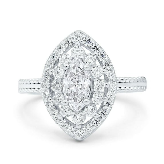 Simulated Cubic Zirconia Size-9 Marquise Vintage Art Deco Halo Wedding Engagement Bridal Ring 925 Sterling Silver