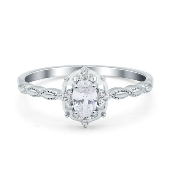 Simulated Cubic Zirconia Size-9 Oval Cut Petite Dainty Marquise Vintage Art Deco Floral Wedding Engagement Ring 925 Sterling Silver