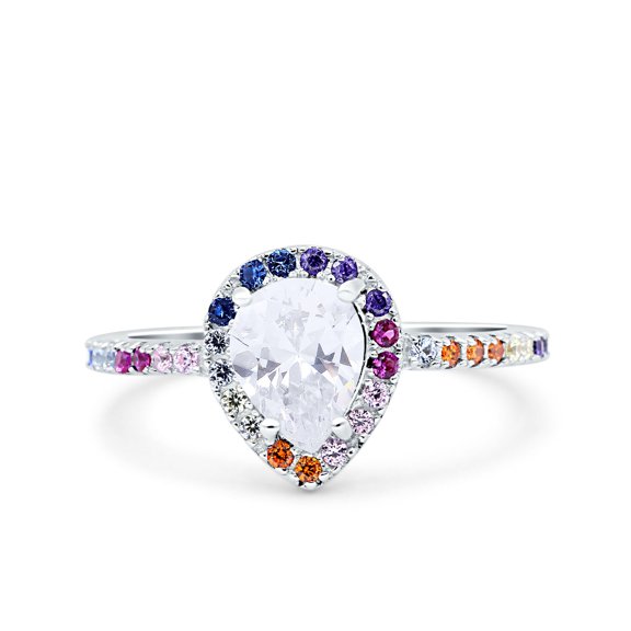 Simulated Cubic Zirconia Size-9 Teardrop Pear Art Deco Halo New Design Multi Color Wedding Bridal Ring 925 Sterling Silver
