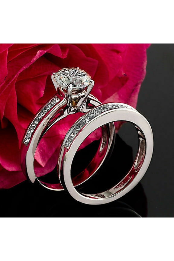 Simulated Diamond 2.90Ct Round Cut Engagement Ring Bridal Set 14K White Gold Plated Silver Pure 925 Sterling Silver