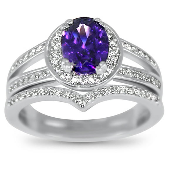 Simulated Diamond Amethyst Purple Wedding Engagement Ring Set Solitaire Silver Bridal Set for Women Size 6