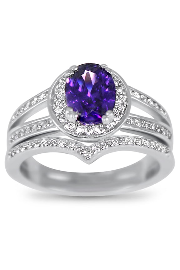 Simulated Diamond Amethyst Purple Wedding Engagement Ring Set Solitaire Silver Bridal Set for Women Size 6