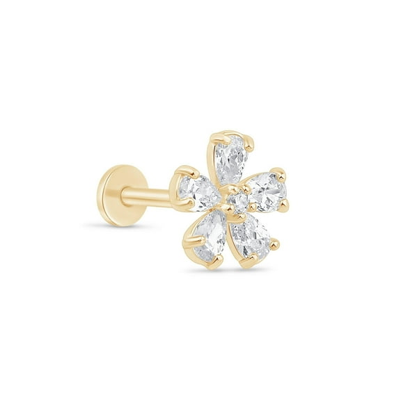 Simulated Diamond Blossom Flower Flat Back Earring for Women 14K Solid Gold Cartilage Earring Threaded Tragus Helix Piercing Jewelry Minimalist Single Stud Earring for Upper Ear