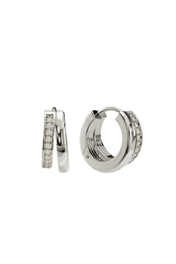 Simulated Diamond Double Line Earrings for Women, 925 Sterling Silver, White CZ Hoops, Hypoallergenic, 13mm Round