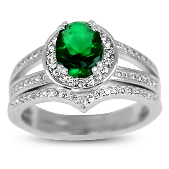 Simulated Diamond Emerald Green Wedding Engagement Ring Set Solitaire Silver Bridal Set for Women Size 6