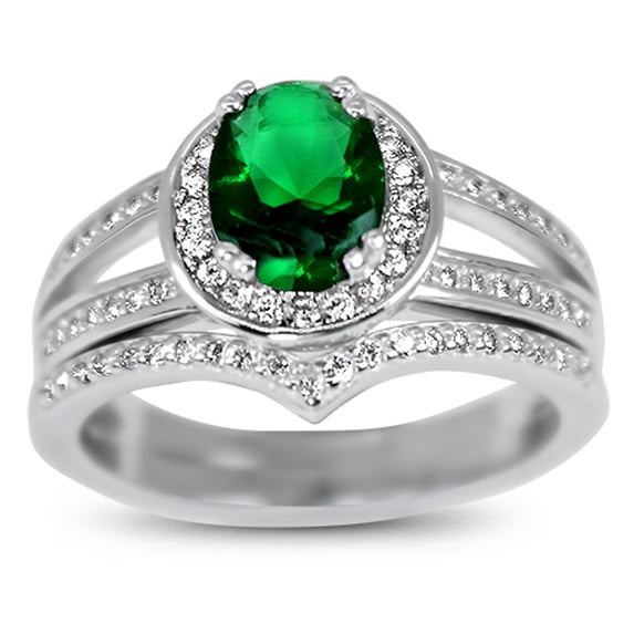 Simulated Diamond Emerald Green Wedding Engagement Ring Set Solitaire Silver Bridal Set for Women Size 9