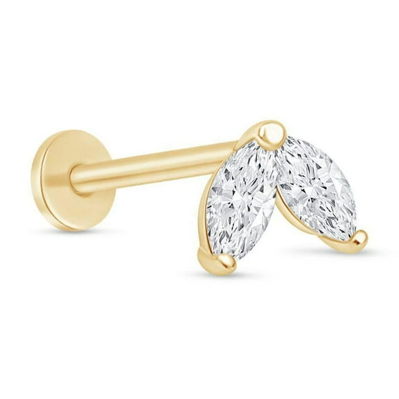 Simulated Diamond Marquise Leaf Flat Back Earring for Women Men 14K Solid Gold Stud Cartilage Earring Threaded Tragus Helix Piercing Jewelry Upper Ear Earring