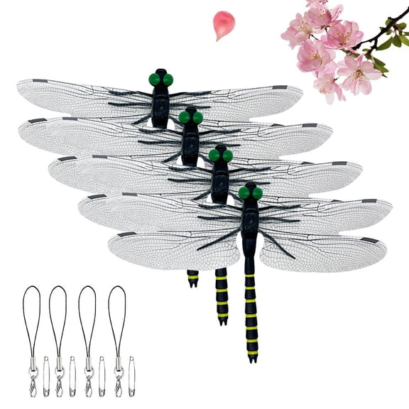 Simulated Dragonfly Insect Repellent Hanging Ornament PVC Bug Deterrent for Camping Gardening Fishing Black Yellow with Pin Clips Multiple Pack Options