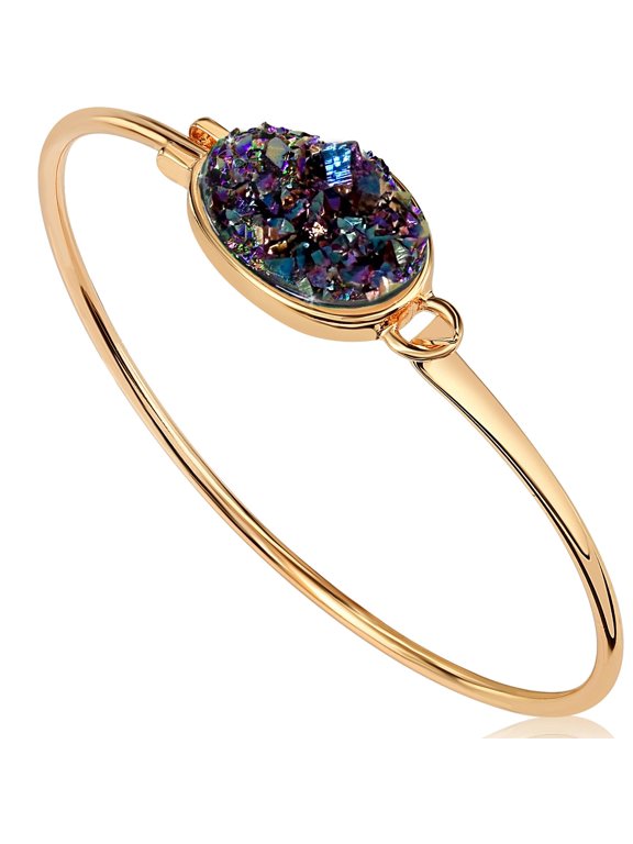 Iridescent Green Blue Bracelet for Women, Sparkly Created Black Opal Bangle