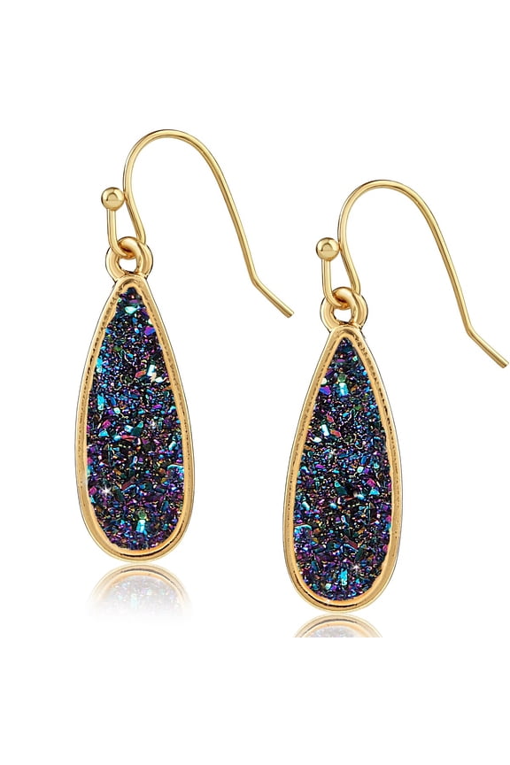 Iridescent Druzy Drop Dangles - Sparkly Long Teardrop Dangly Earrings for Women