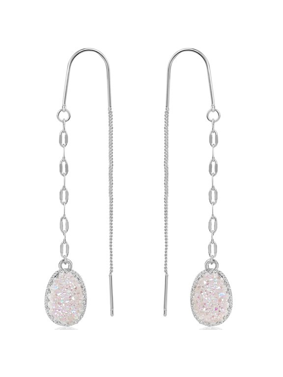 Silver Tone Threader Earrings for Women, Iridescent Faux Opal Druzy Dangles